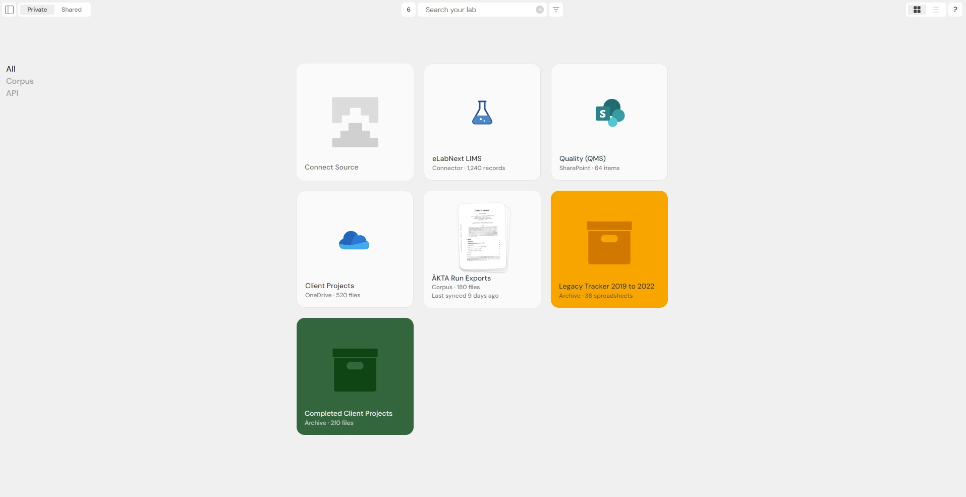 Armature sources view listing connected lab systems and file stores